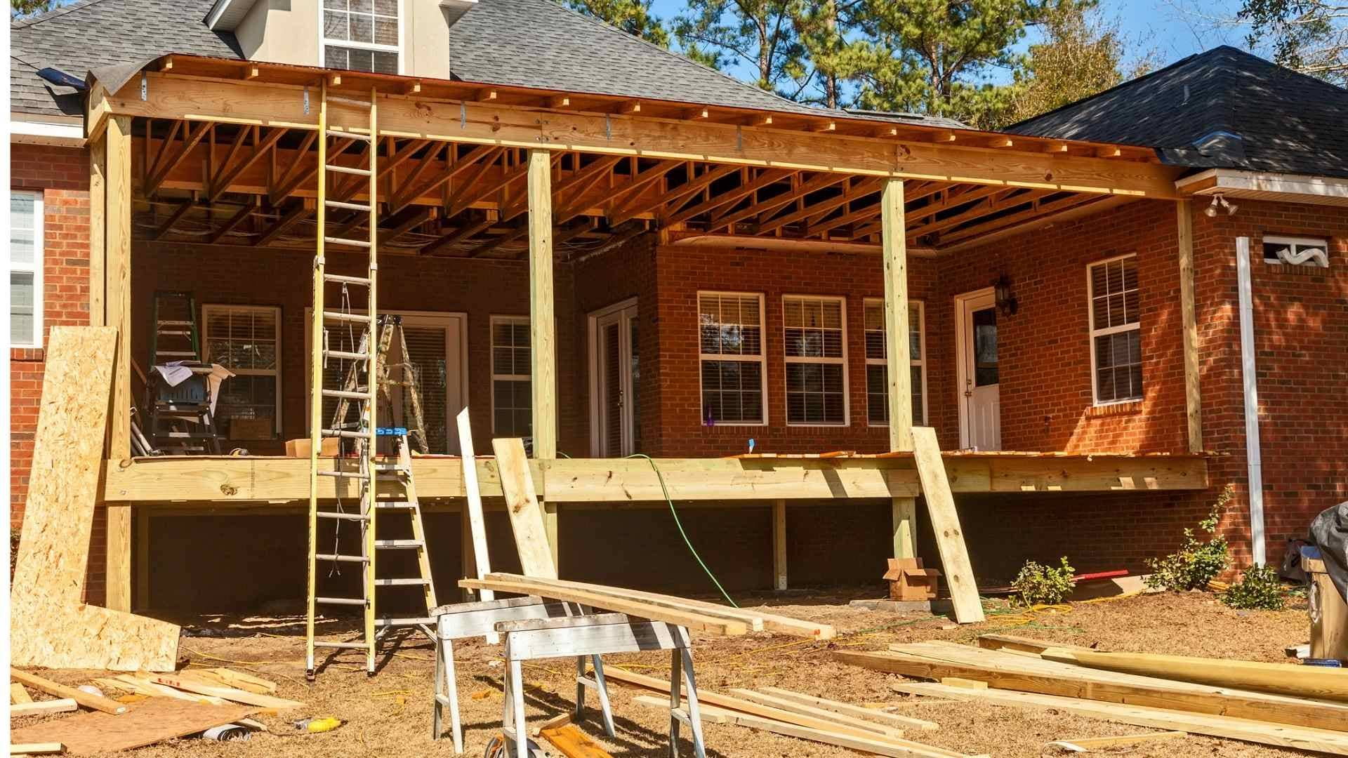 a porch roof currently under construction