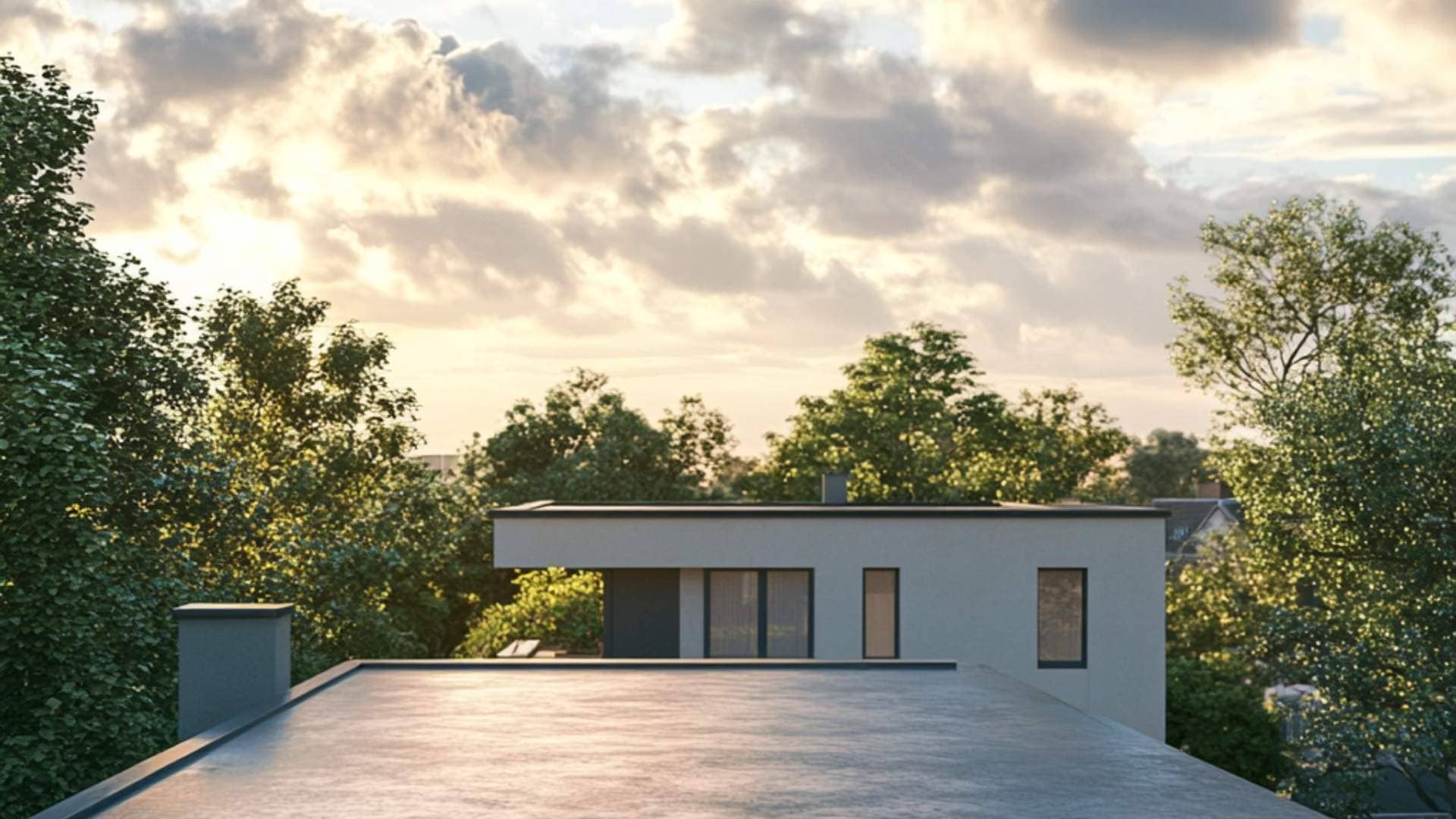 picture of a flat roof at sundown with clouds in the sky