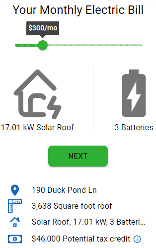 Instant Roofers Tesla Solar Roof calculator calculating monthly bill to determine solar system size with powerwalls