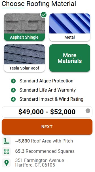 Choosing your roof material type in the Instant Roofer Estimator.