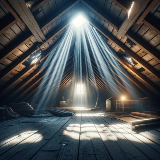 light shining through the roof in the attic