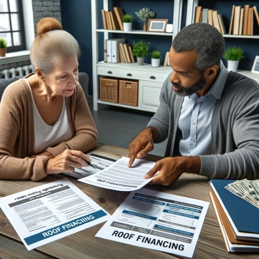 Two people reviewing roof financing information