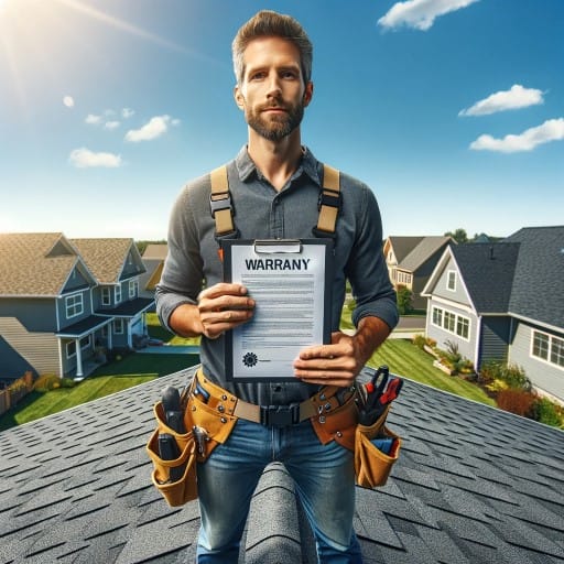 roofing contractor standing on a roof holding roof warranty information