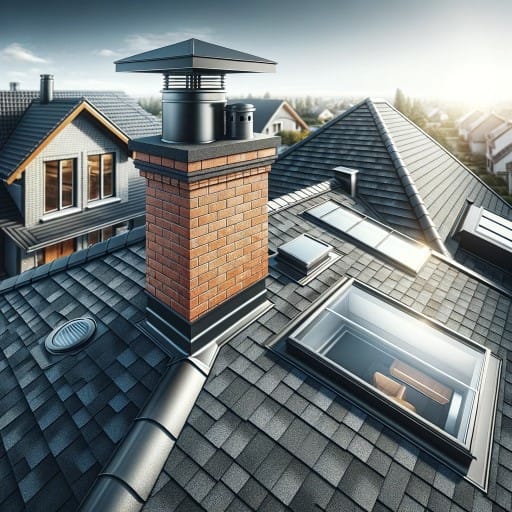 A roof with chimney, skylight, vents and other roof obstructions