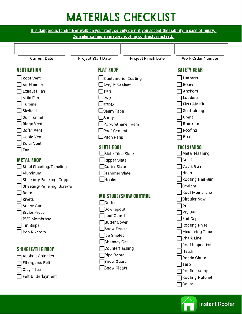 Fillable Form -  Materials Checklist