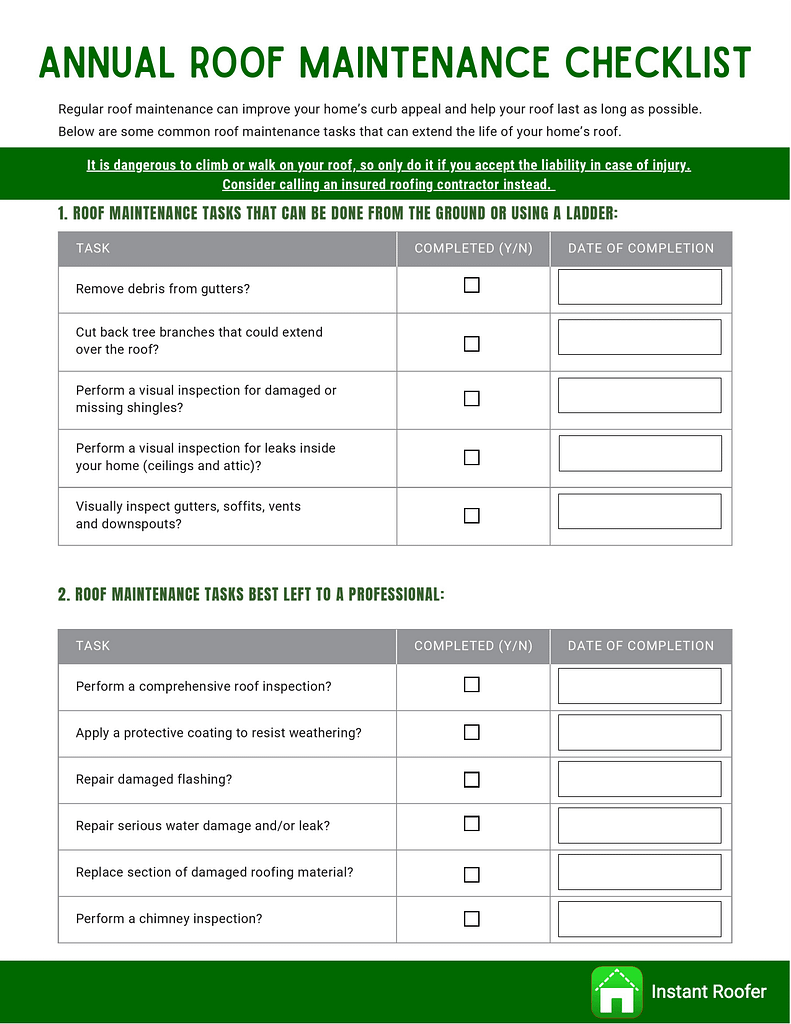 Fillable Form - Annual Roof Maintenance Checklist