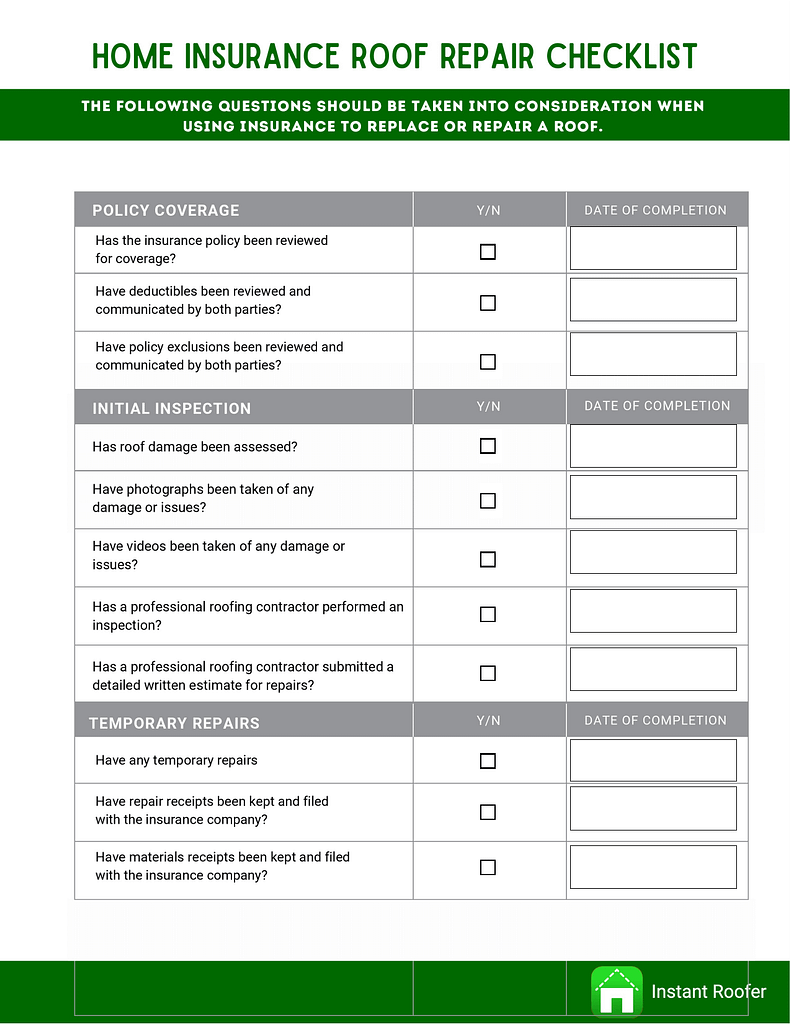Fillable Form - Home Insurance roof repair checklist