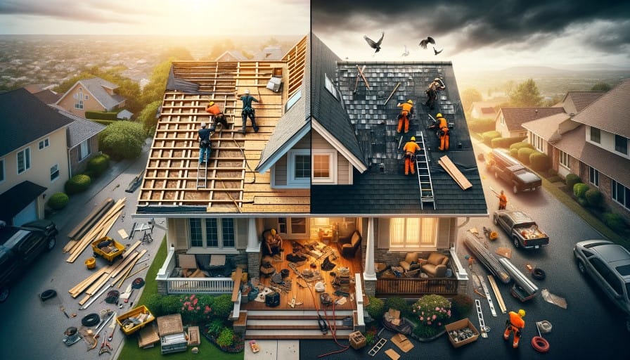 Image showing side by side comparison to roof replacement and roof repair