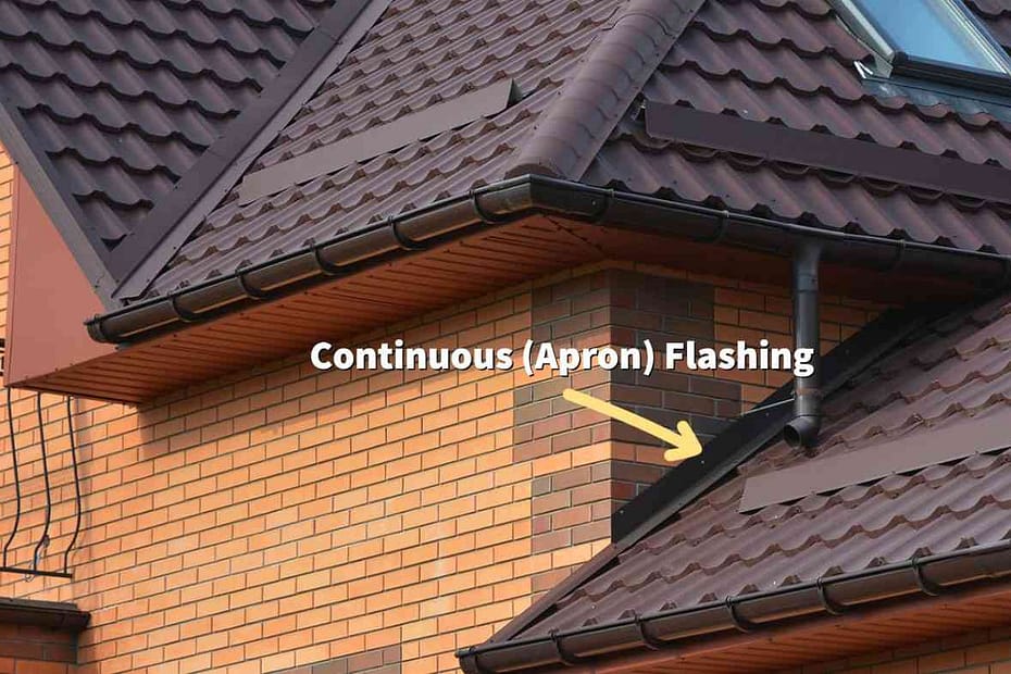 Continuous flashing or apron flashing identified via an arrow and text on a roof