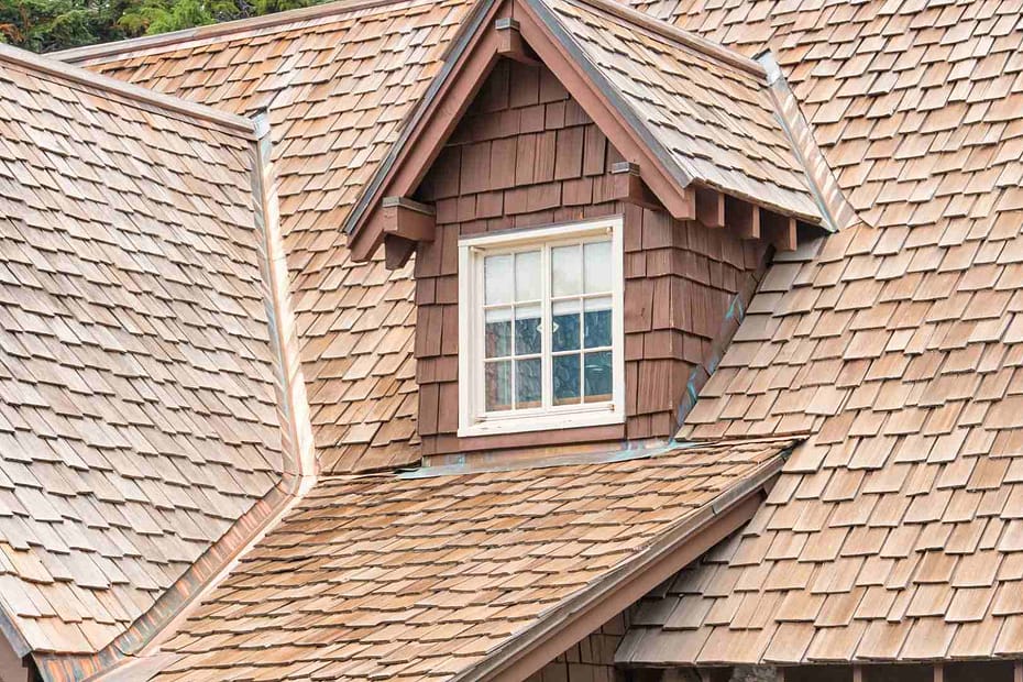 well maintained cedar shake roof on house