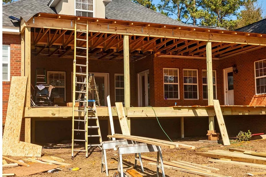 a porch roof currently under construction