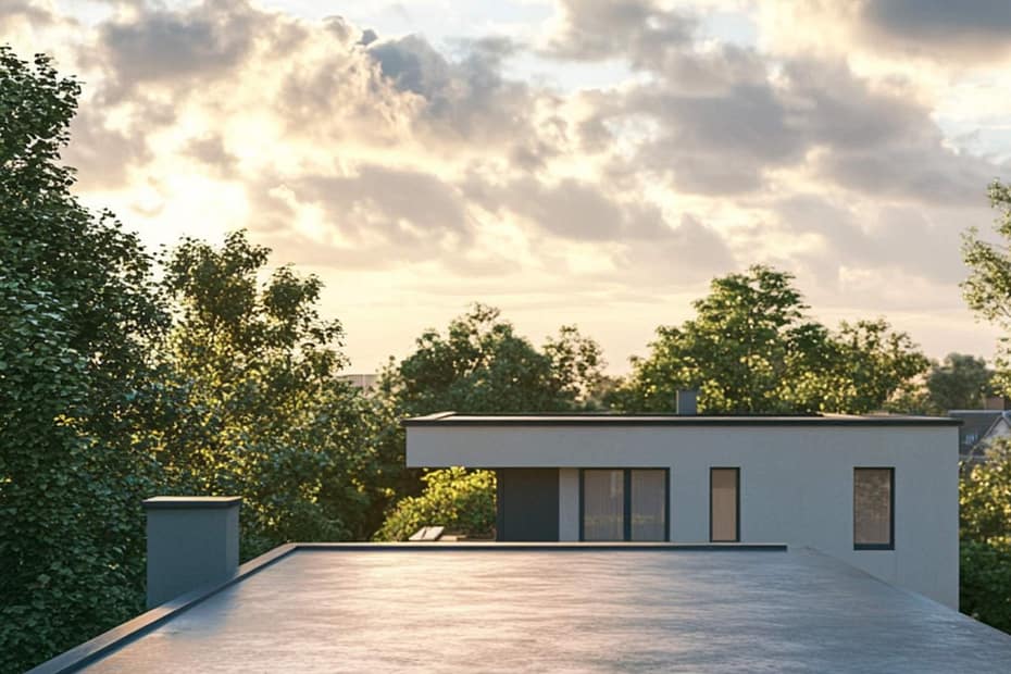 picture of a flat roof at sundown with clouds in the sky