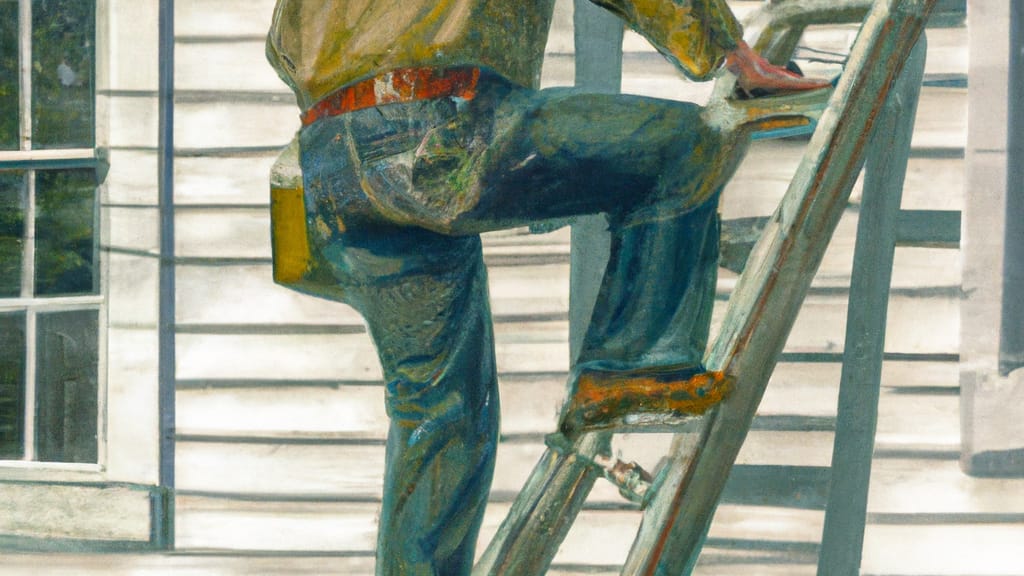 Man climbing ladder on Albion, New York home to replace roof