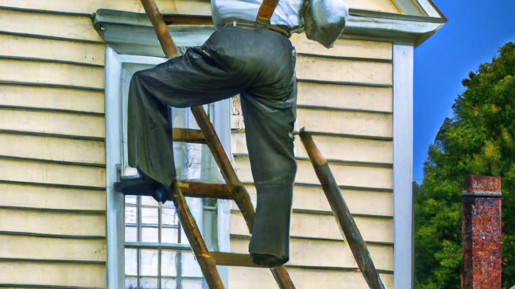 Man climbing ladder on Amesbury, Massachusetts home to replace roof