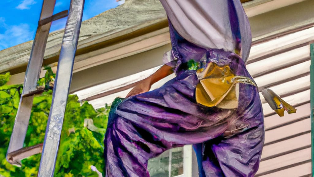 Man climbing ladder on Amityville, New York home to replace roof
