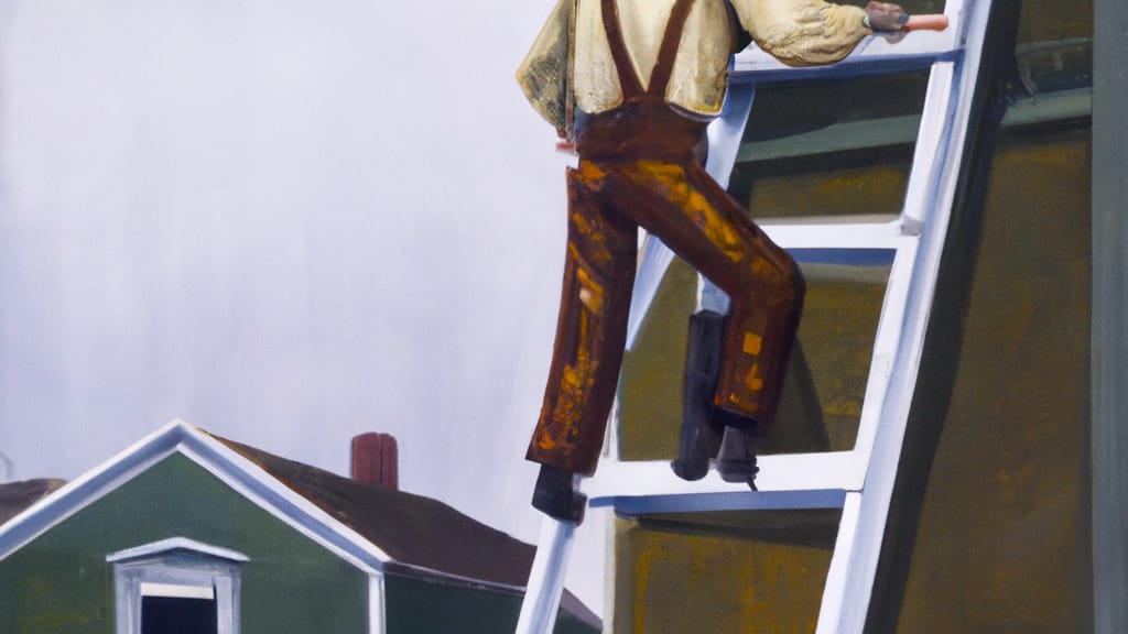 Man climbing ladder on Arcata, California home to replace roof