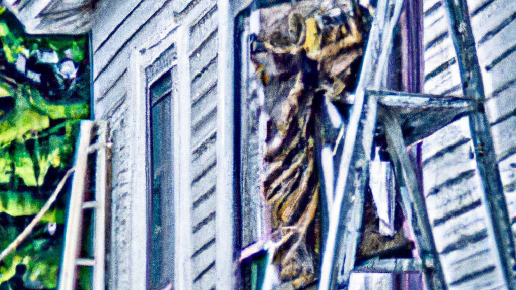 Man climbing ladder on Auburn, New York home to replace roof