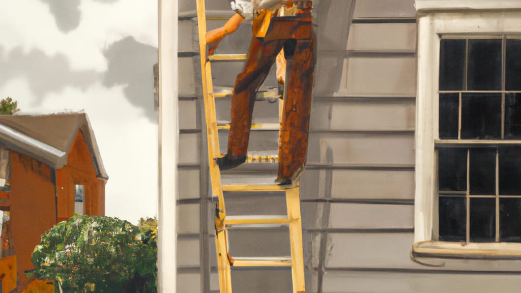 Man climbing ladder on Babylon, New York home to replace roof