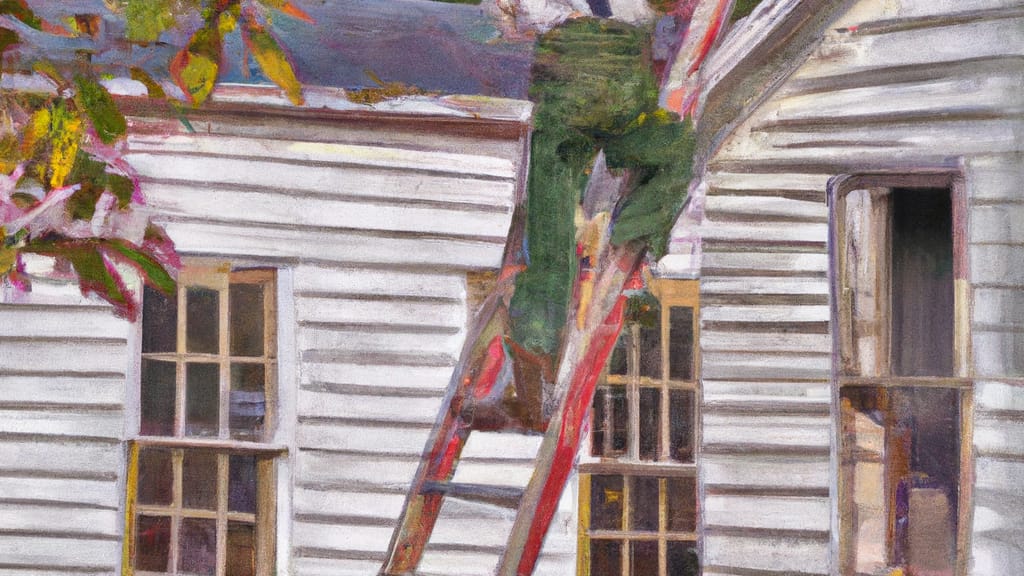 Man climbing ladder on Barnesville, Georgia home to replace roof