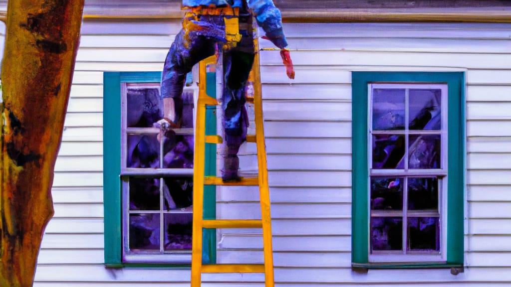 Man climbing ladder on Batavia, New York home to replace roof