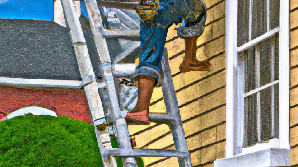 Man climbing ladder on Bath, Maine home to replace roof