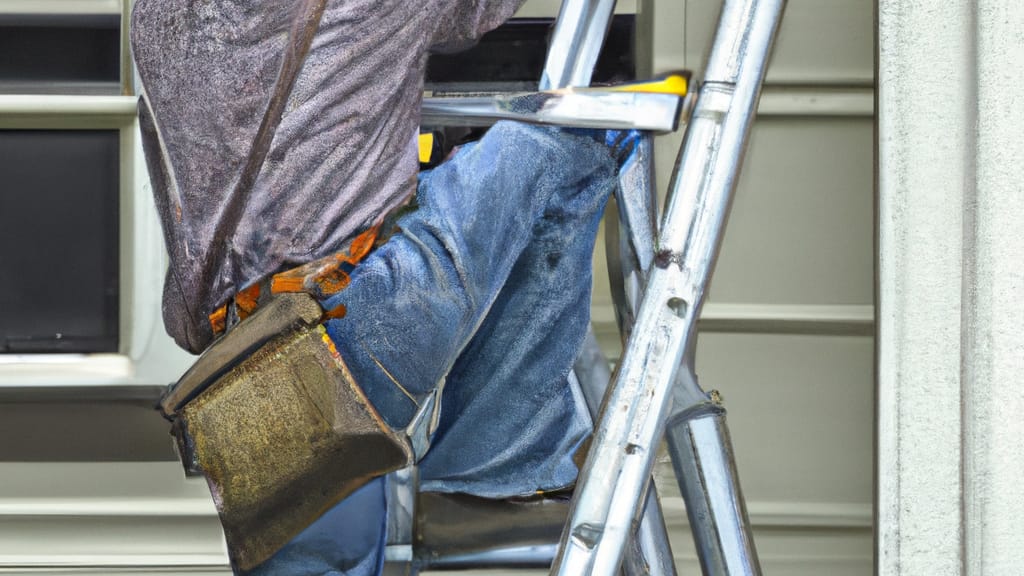 Man climbing ladder on Bay Village, Ohio home to replace roof