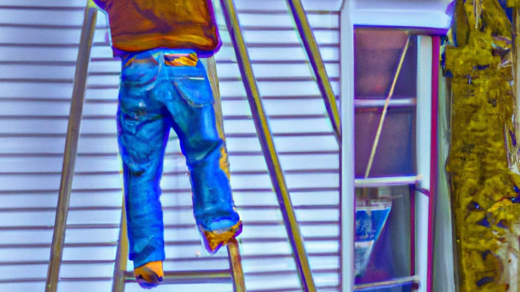 Man climbing ladder on Bedford, Indiana home to replace roof