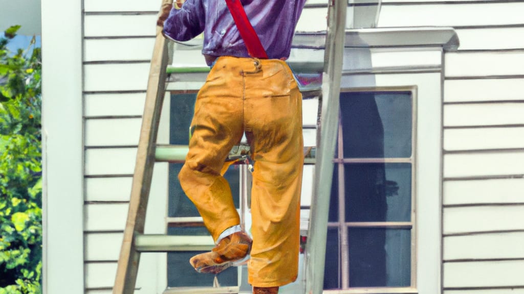 Man climbing ladder on Bedford, Massachusetts home to replace roof
