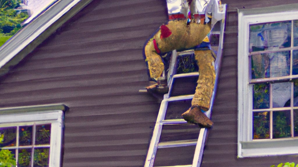 Man climbing ladder on Bennington, Vermont home to replace roof