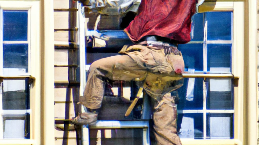 Man climbing ladder on Berkeley, California home to replace roof