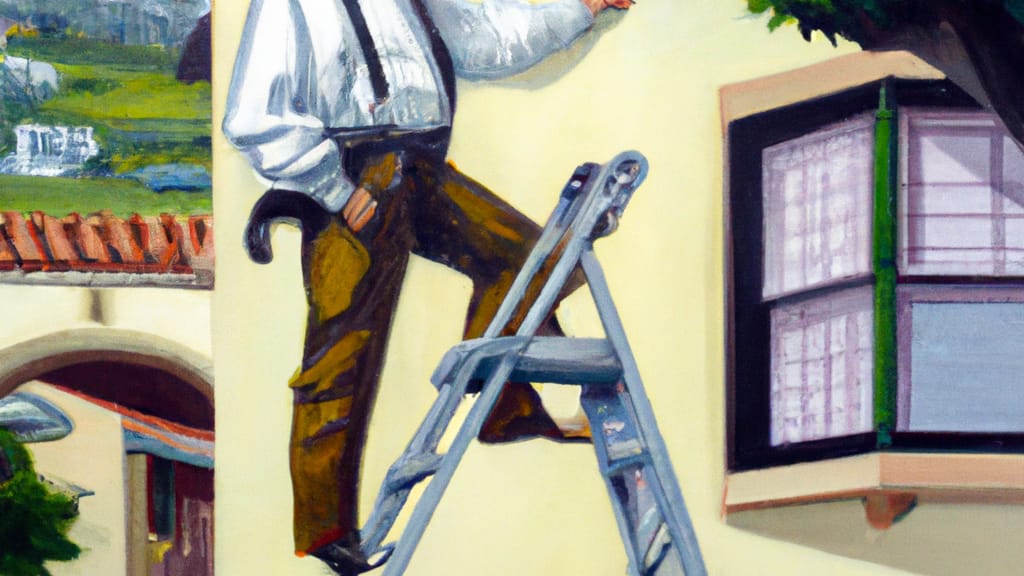 Man climbing ladder on Beverly Hills, California home to replace roof