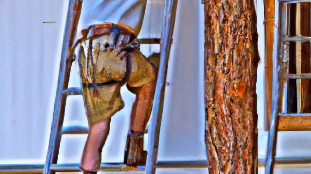 Man climbing ladder on Big Bear Lake, California home to replace roof