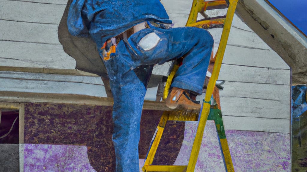 Man climbing ladder on Blackwell, Oklahoma home to replace roof