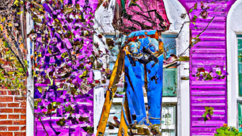 Man climbing ladder on Bloomfield, New Jersey home to replace roof