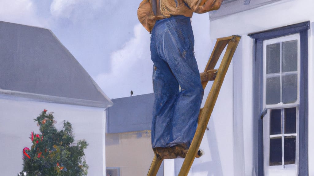 Man climbing ladder on Bohemia, New York home to replace roof