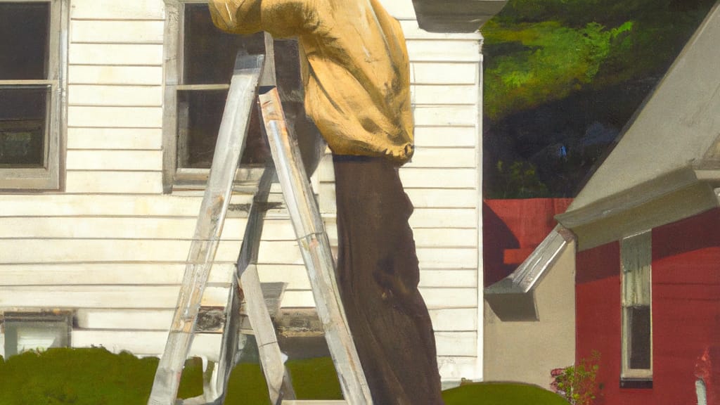 Man climbing ladder on Boxborough, Massachusetts home to replace roof