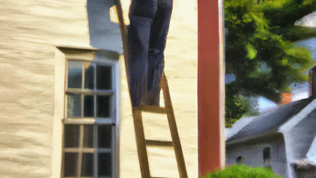 Man climbing ladder on Bradford, Pennsylvania home to replace roof