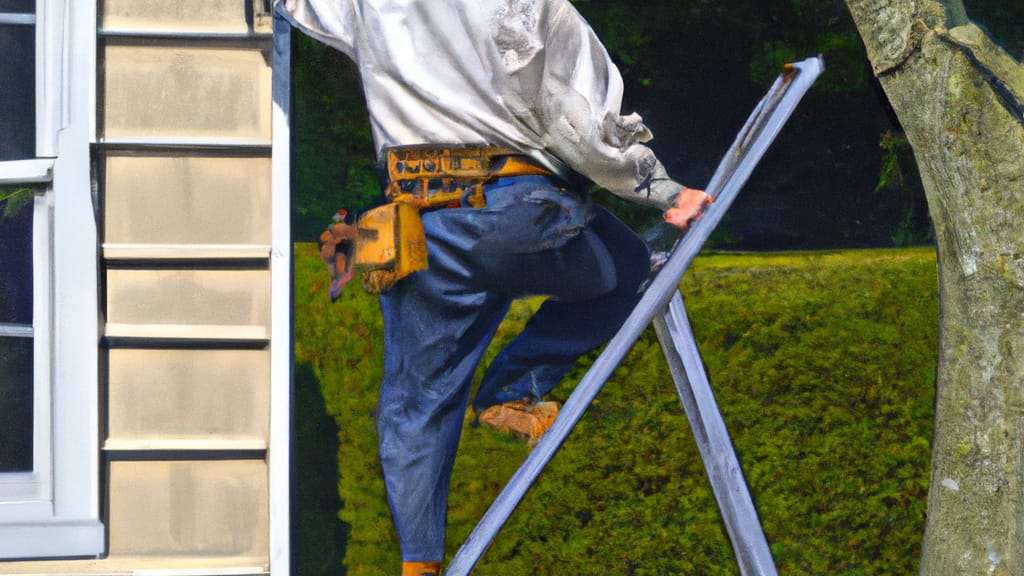 Man climbing ladder on Briarcliff Manor, New York home to replace roof