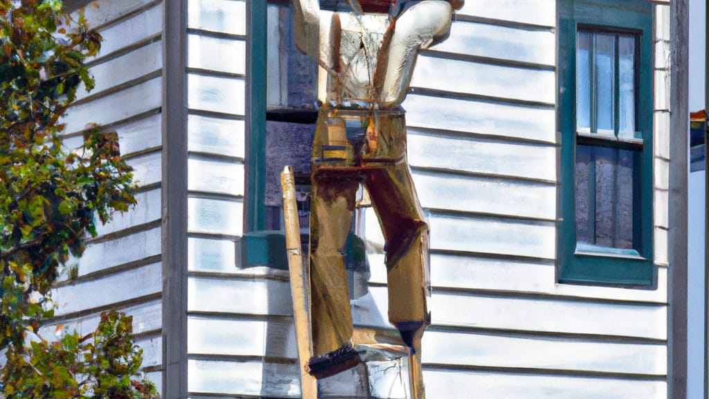 Man climbing ladder on Bridgeport, West Virginia home to replace roof