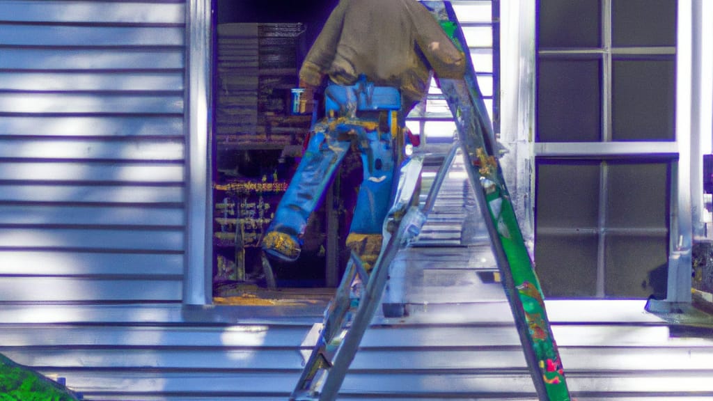 Man climbing ladder on Bridgewater, New Jersey home to replace roof