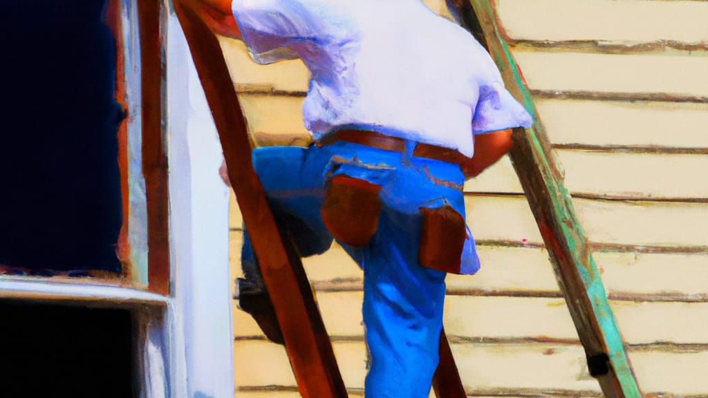 Man climbing ladder on Brookings, South Dakota home to replace roof