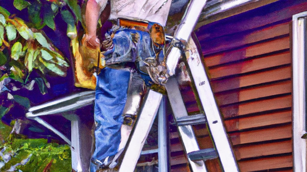 Man climbing ladder on Caldwell, New Jersey home to replace roof