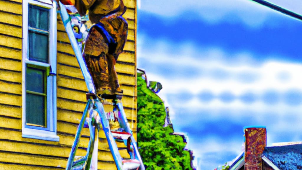 Man climbing ladder on Calumet, Michigan home to replace roof