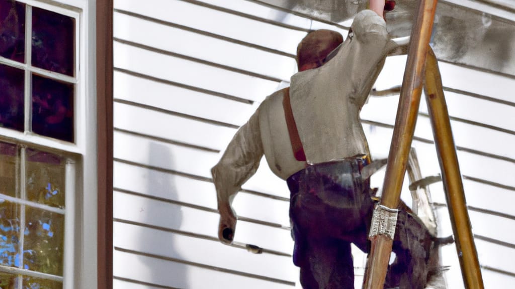 Man climbing ladder on Cameron, Missouri home to replace roof