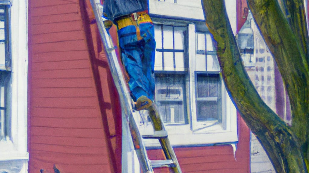 Man climbing ladder on Carle Place, New York home to replace roof