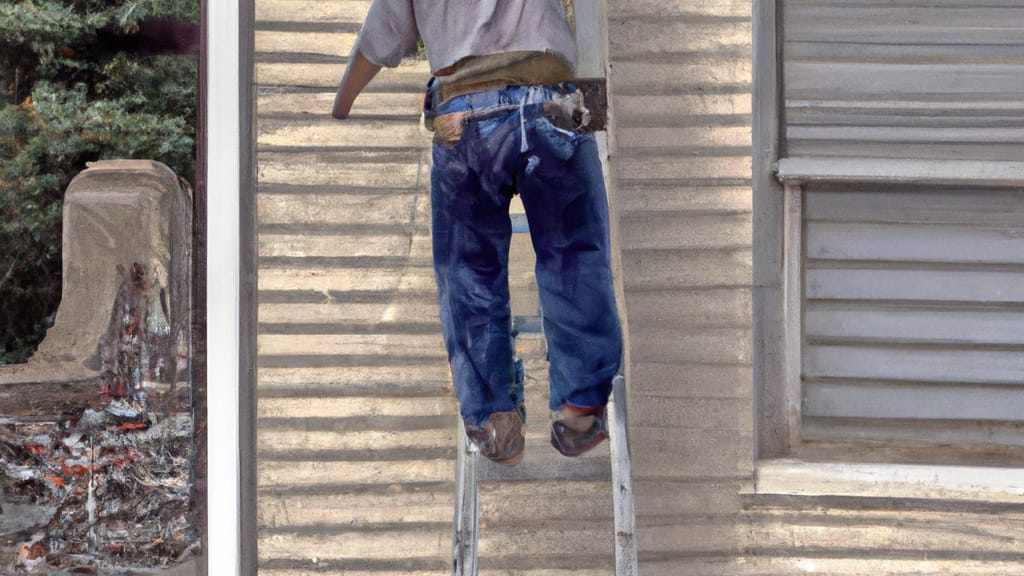 Man climbing ladder on Carteret, New Jersey home to replace roof