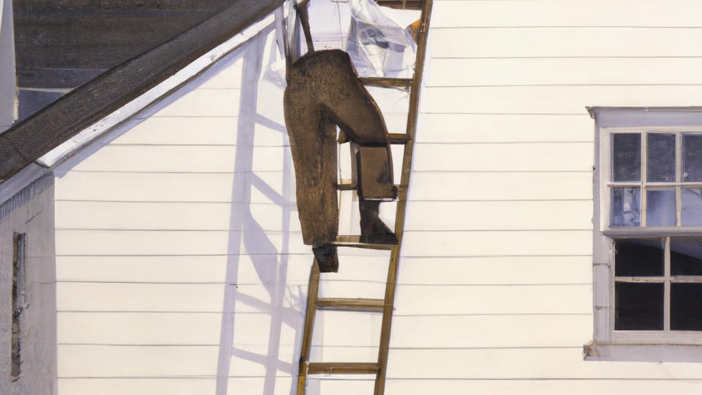 Man climbing ladder on Center Line, Michigan home to replace roof