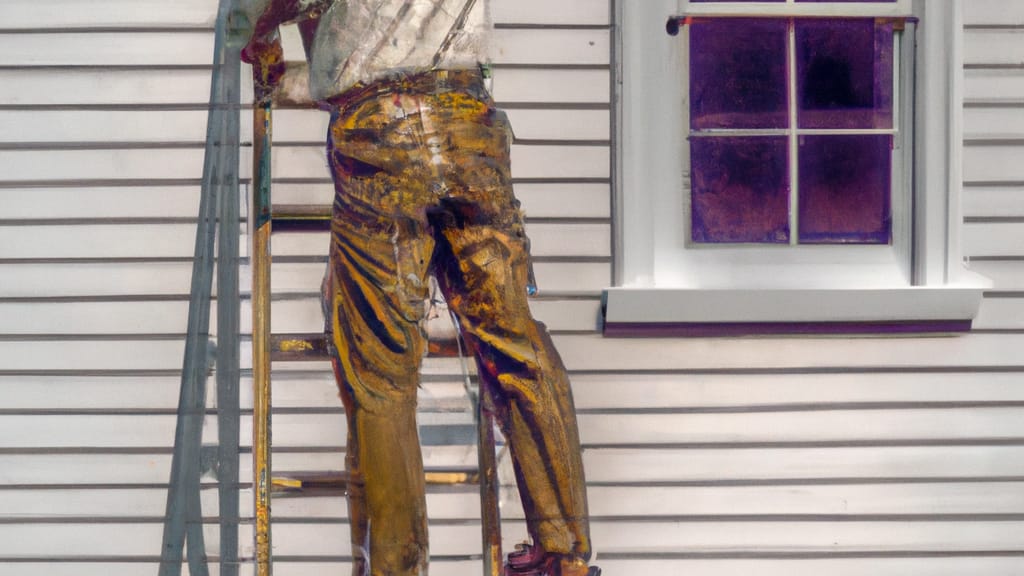 Man climbing ladder on Centerport, New York home to replace roof