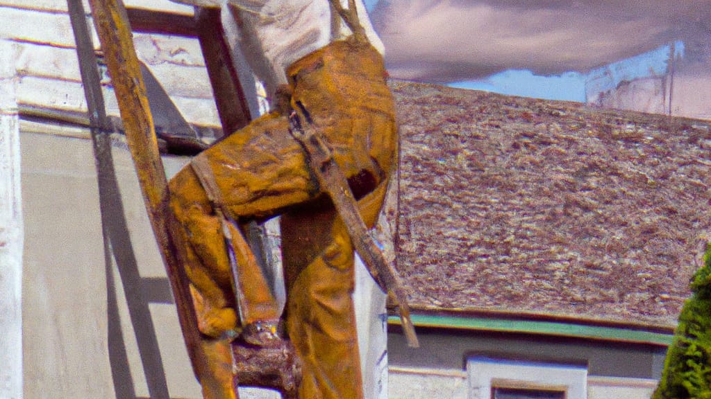 Man climbing ladder on Chadron, Nebraska home to replace roof