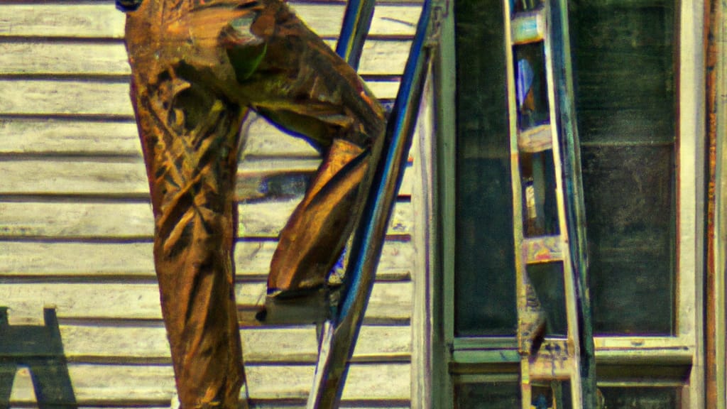 Man climbing ladder on Charles City, Iowa home to replace roof